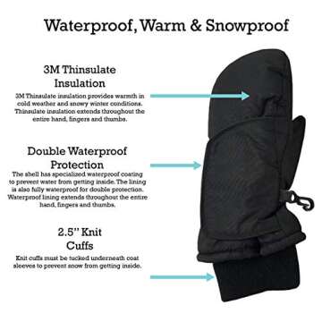 N'Ice Caps Kids Waterproof Snow Mittens Cold Weather Thinsulate Insulated (Black, 2-3 Years)