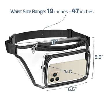 Veckle Clear Fanny Pack Stadium Approved - Clear Bag for Stadium Events Transparent Belt Bag for Women Men, Adjustable Waist Bag for Sports, Concerts, Black