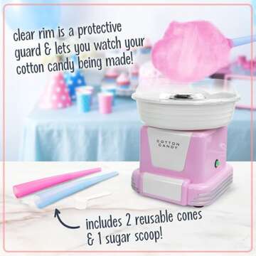 Nostalgia Cotton Candy Machine - Retro Cotton Candy Machine for Kids with 2 Reusable Cones, 1 Sugar Scoop, and 1 Extractor Head – Pink