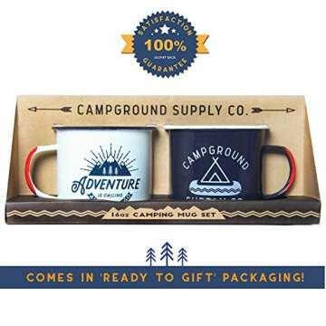 Adventure Enamel Camping Mug - 2 Pack LARGE 16oz of Love, Morning Coffee Mug - (455ml) Tin Cup Campfire Mug For Outdoors, Breakfast Wanderlust Travel Cup For The Happy Camper!