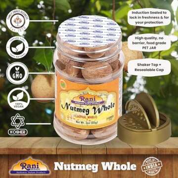 Rani Nutmeg (Jaiphul) Whole Spice, 17-19 Pieces, 3oz (85g) PET Jar ~ All Natural | Vegan | Gluten Friendly | NON-GMO | Kosher | Indian Origin