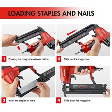 WORKPRO Pneumatic Brad Nailer, 18 GA, 2 in 1 Nail Gun and Crown Stapler, with 400pcs Nails/ 300pcs Staples, for Carpentry, DIY Project, Woodworking