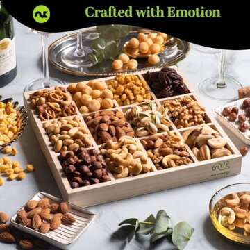 NUT CRAVINGS Gourmet Collection - Holiday Christmas Mixed Nuts Gift Basket in Reusable Wooden Tray + Green Ribbon (12 Assortments) Xmas Kwanzaa Arrangement Platter, Healthy Kosher USA Made Corporate