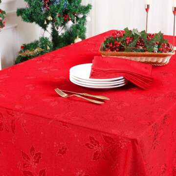 Smiry Jacquard Tablecloth, 52x52 Inch Waterproof Holly Patterns Damask Table Cloth, Rectangle Fabric Table Covers for Celebration, and Christmas Dinner, Burgundy