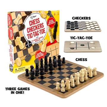 Regal Games - Reversible Wooden Board for Chess, Checkers & Tic-Tac-Toe - 24 Interlocking Wooden Checkers and 32 Standard Chess Pieces - for Age 8 to Adult for Family Fun