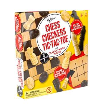 Regal Games - Reversible Wooden Board for Chess, Checkers & Tic-Tac-Toe - 24 Interlocking Wooden Checkers and 32 Standard Chess Pieces - for Age 8 to Adult for Family Fun