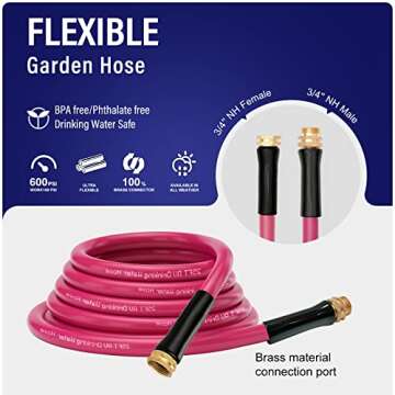 PAULINN 25Ft Garden Hose: 5/8 Inch Drinking Water Hose, 25 Feet Flexible Lightweight Garden Watering Equipment for All-weather, Outdoor, Lawn, Backyard - Rose Red