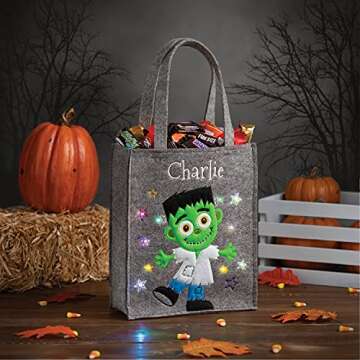 Personalized Planet LED Happy Frankenstein Halloween Light Up Trick or Treat Bag | Custom Name Embroidered on Gray Candy Basket for Kids | Costume Accessory