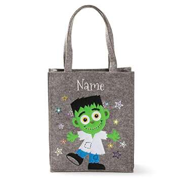 Personalized Planet LED Happy Frankenstein Halloween Light Up Trick or Treat Bag | Custom Name Embroidered on Gray Candy Basket for Kids | Costume Accessory