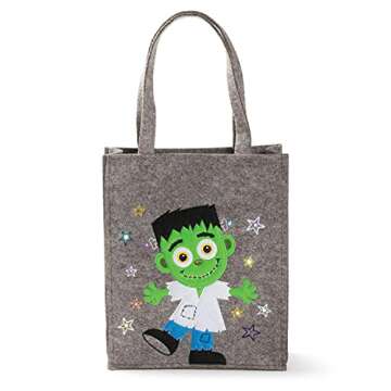 Personalized Planet LED Happy Frankenstein Halloween Light Up Trick or Treat Bag | Custom Name Embroidered on Gray Candy Basket for Kids | Costume Accessory