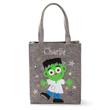 Personalized Planet LED Happy Frankenstein Halloween Light Up Trick or Treat Bag | Custom Name Embroidered on Gray Candy Basket for Kids | Costume Accessory