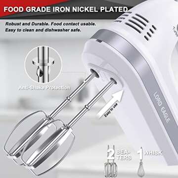 Lord Eagle Hand Mixer Electric 300W, 5 Speed handheld Mixer, 4 Stainless Steel Accessories for Baking Cake Egg Cream Food Beater, Turbo Boost/Self-Control Speed + Eject Button (White mini)