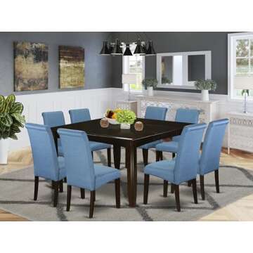 East West Furniture PFBA9-CAP-21 9 Piece Modern Dining Table Set Includes a Square Wooden Table with Butterfly Leaf and 8 Blue Color Linen Fabric Parson Chairs, 54x54 Inch, Cappuccino