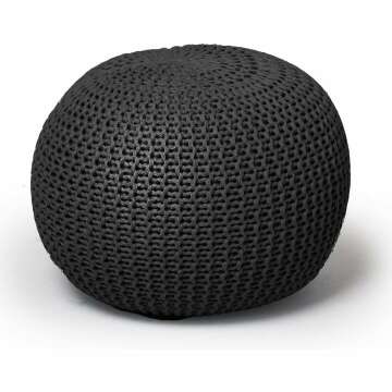 Round Knit Pouf - Hand Woven Cotton, Black