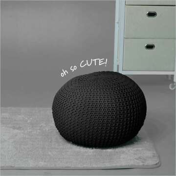 Round Knit Pouf - Hand Woven Cotton, Black