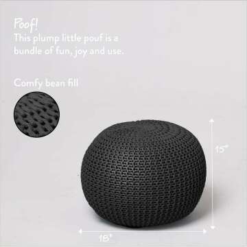 Round Knit Pouf - Hand Woven Cotton, Black