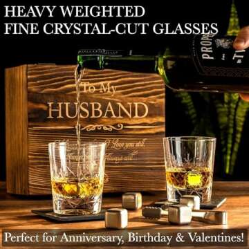 FJ FREDERICK JAMES Valentines Day Gifts for Him, Wedding Anniversary for Him, Anniversary for Husband from Wife - Crystal Whiskey Glass Set -Engraved 'to My Husband' inc. Box, Cooling Stones - fo