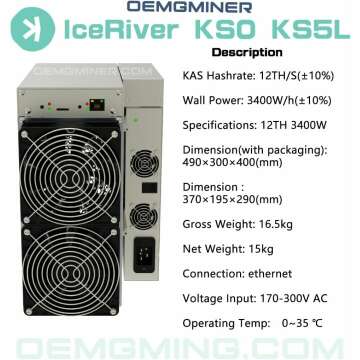 NEW IceRiver KS5L 12T 3400W Kas Miner Kaspa Mining Crypto Miner ASIC Miner Include PSU (IceRiver KS5L 12T)