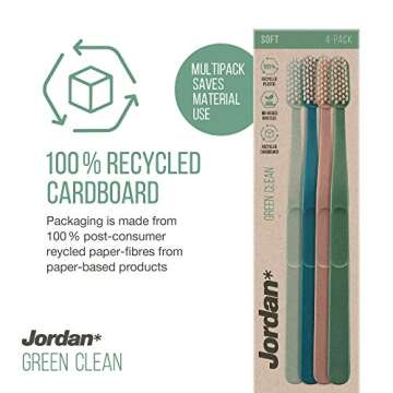 Jordan Green Clean Manual Toothbrush - Sustainable, Eco-Friendly Scandinavian Design, Soft Bristles, Mixed Colors, 4 Units