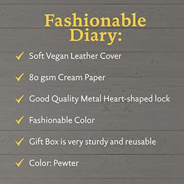 Heart Shaped Lock Journal, Lock Diary for Girls with Key, Vegan Leather Cover, Cute Locking Secret Notebook for Teens, 5.3x7.3",320p Victoria's Journals Secret Diary, College-ruled (Pewter)