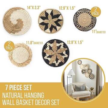 Hanging Woven Wall Basket Set - 7 Unique Handcrafted Seagrass Baskets for Boho, Farmhouse & Rustic Wall Decor, Table Settings & More - Ready to Hang with Nails & Marking Pencil Included