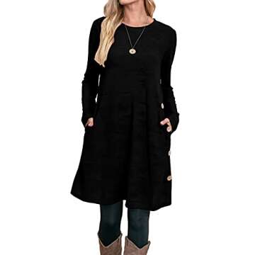 OFEEFAN Long Sleeve Dresses for Women Winter Sweater Dress Black Buttons Side S