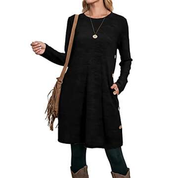 OFEEFAN Long Sleeve Dresses for Women Winter Sweater Dress Black Buttons Side S