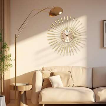 PSYCHE GOD Large Starburst Wall Clock Non-Ticking Battery Operated Sunburst Clock Modern Wall Clock Round Gold Wall Clock Home Decorations for Living Room Bedroom Kitchen Office