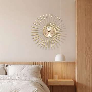 PSYCHE GOD Large Starburst Wall Clock Non-Ticking Battery Operated Sunburst Clock Modern Wall Clock Round Gold Wall Clock Home Decorations for Living Room Bedroom Kitchen Office