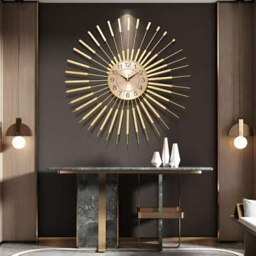 PSYCHE GOD Large Starburst Wall Clock Non-Ticking Battery Operated Sunburst Clock Modern Wall Clock Round Gold Wall Clock Home Decorations for Living Room Bedroom Kitchen Office