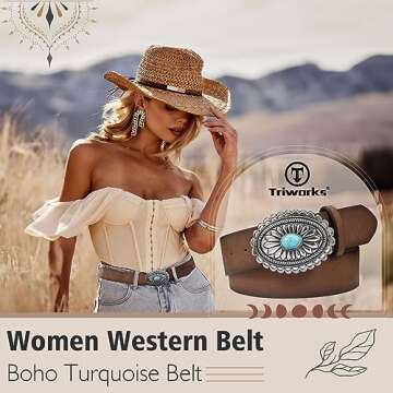 TRIWORKS Women's Western Leather Belt Vintage Medieval Turquoise Buckle Belt Ladies Cowgirl Concho Leather Belt