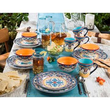 Euro Ceramica Zanzibar Collection 16 Piece Dinnerware Set Kitchen and Dining, Service for 4, Spanish Floral Design, Multicolor, Blue and Yellow