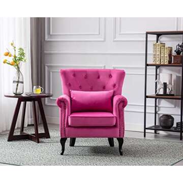 Kmax Velvet Tufted Accent Chair Mid Century Throne Chair Comfy Sofa Chair Padded Seating WingBack Unique Wood Legs Home Club Bedroom Living Room, Rose