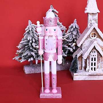 BEOSOFLOY Nutcracker Soldier 12in Christmas Nutcracker Figure Wooden Pink Nutcracker Soldier Festive Glitter Collectible Nutcracker Figures Toy Christmas Décor for Shelves and Tables