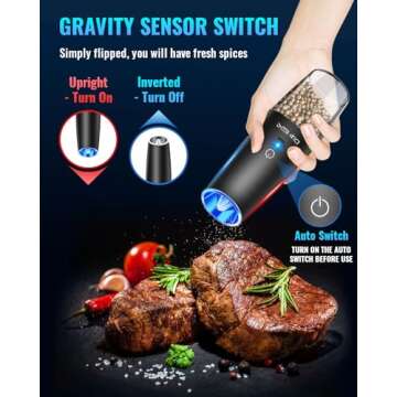 Sweet Alice Rechargeable Electric Pepper and Salt Grinder Set, No Battery Needed, whit Gravity Sensing Switch and LED Light, One Hand Automatic Operation, Black 2 Pack