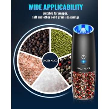 Sweet Alice Rechargeable Electric Pepper and Salt Grinder Set, No Battery Needed, whit Gravity Sensing Switch and LED Light, One Hand Automatic Operation, Black 2 Pack