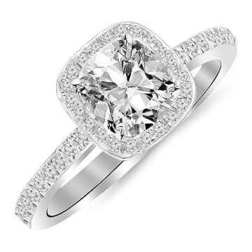 Houston Diamond District 1 Carat t.w. 14K White Gold Classic Halo Style Cushion Shape Diamond Engagement Ring with a 3/4 Ct Forever Brilliant Cushion Moissanite Center (white-gold, 8)