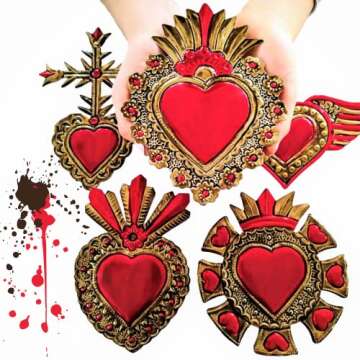 irekua Mexican Hearts Wall Decor 6" Folk Art Sacred 5Pieces Hand Painted Metal Charms Gold/Red Tin Craft Embossed Ornaments Ex Voto Milagros Mexicanos -Handmade