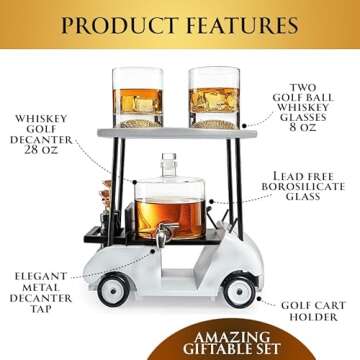 The Wine Savant Golf Decanter Whiskey Decanter and 2 Whiskey Glasses -, Golf Gifts for Both Men & Women, Golf Accessories, Golfer Gifts, Based on A Replica Golf Cart (850ml Decanter - 8 Ounce Glasses)