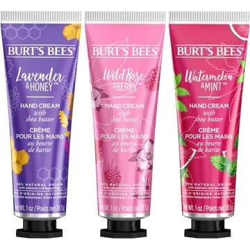 Burt's Bees Christmas Gifts, 3 Body Skincare Stocking Stuffers, Shea Butter Hand Cream Trio Set - Lavender Honey, Watermelon Mint & Wild Rose Berry (3-Pack)