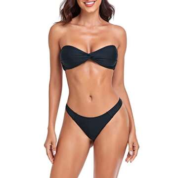 Ocean Blues Women's Black Bandeau Bikini Set Sexy Cheeky Bikini Bottom Two Pieces Swimsuit Size Medium