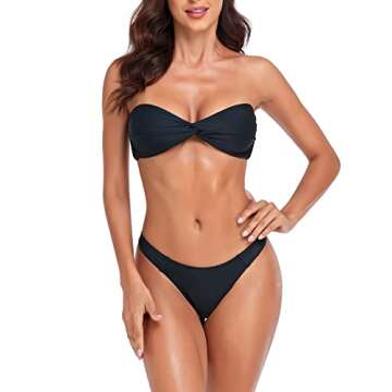 Ocean Blues Women's Black Bandeau Bikini Set Sexy Cheeky Bikini Bottom Two Pieces Swimsuit Size Medium