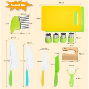 13 Pieces Montessori Kitchen Tools for Toddlers-Kids Cooking Sets Real-Toddler Safe Knives Set for Real Cooking with Plastic Toddler Safe Knives Crinkle Cutter Kids Cutting Board