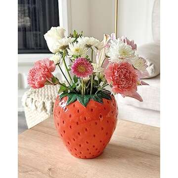 ban.do Vintage Inspired Strawberry Vase, Decorative Ceramic Vase, Large Flower Vase, Unique Strawberry Decor for Home/Kitchen/Office