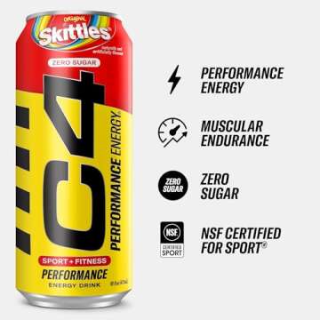 Cellucor C4 Performance Energy Drink | SKITTLES‚Ѣ | Zero Sugar Carbonated Preworkout Energy | 200mg Caffeine with Beta Alanine | 16 Fl Oz (12 Pack)