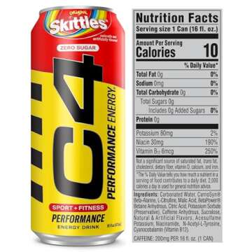 Cellucor C4 Performance Energy Drink | SKITTLES‚Ѣ | Zero Sugar Carbonated Preworkout Energy | 200mg Caffeine with Beta Alanine | 16 Fl Oz (12 Pack)