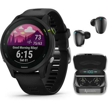 Garmin Forerunner 255 Music GPS Running Smartwatch, Advanced Insights, Long-Lasting Battery, Black with Wearable4U Black Earbuds Bundle