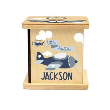 Wooden Piggy Bank for Kids and Adults, Personalized Gift Handmade in USA by BloomOwl, Custom Piggy Bank, Personalized Banks for Kids, Gifts for Baby Boys and Girls (Airplane)