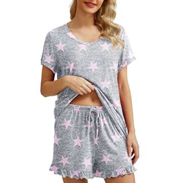 PrinStory Womens Pajamas Set Soft Lounge Sets Short Sleeve Pjs Shorts Set Prints Sleepwear with Pockets