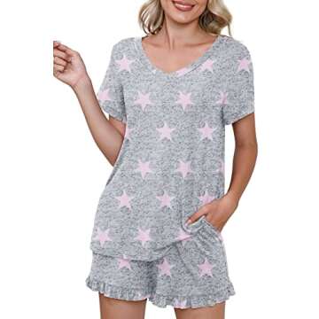 PrinStory Womens Pajamas Set Soft Lounge Sets Short Sleeve Pjs Shorts Set Prints Sleepwear with Pockets